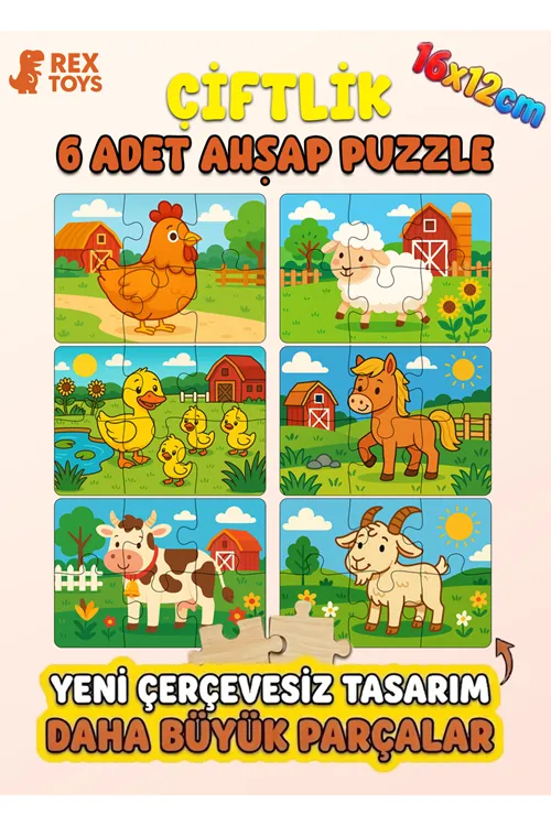 Çiftlik Hayvanları Temalı Eğitici Ahşap Puzzle | Koyun, Tavuk, At, Keçi, Ördek, Civciv | 3-6 Yaş