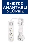 5 Metre Anahtarlı Kablolu Topraklı Ara Kablosu Uzatmalı Seyyar 3lü Grup Priz